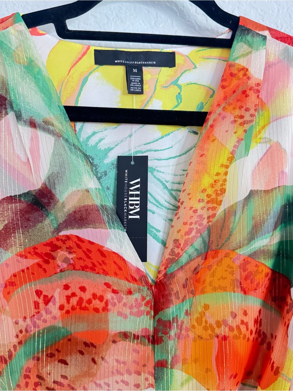 White House Black Market V-Neck Sheer Floral Top - Orange, Green, Red, Cream - Picture 7 of 12